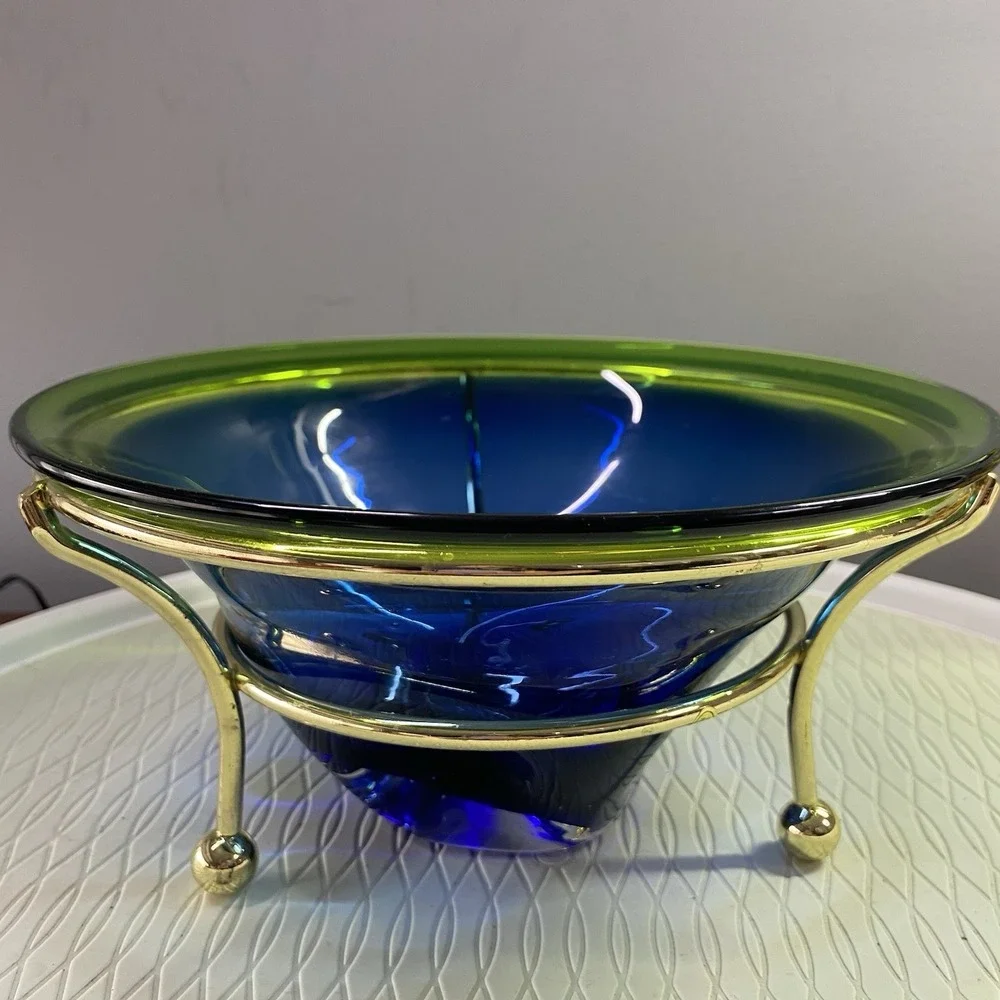 VTG Living Lights Hand Blown  Glass Candle Bowl With Chrome Frame Green&Blue 9x4